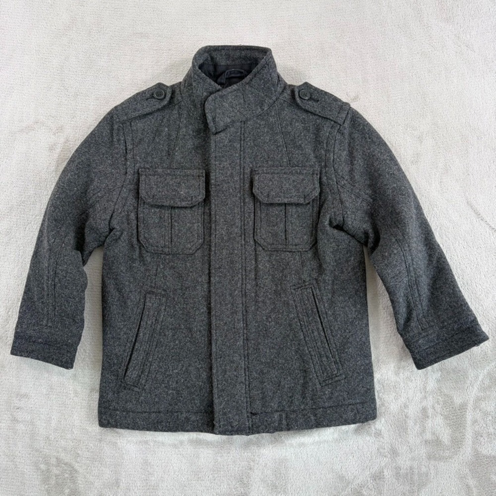 GAP Kids Military Quilt Lined Coat Jacket Grey Lambs‎ Wool Blend Boys Small